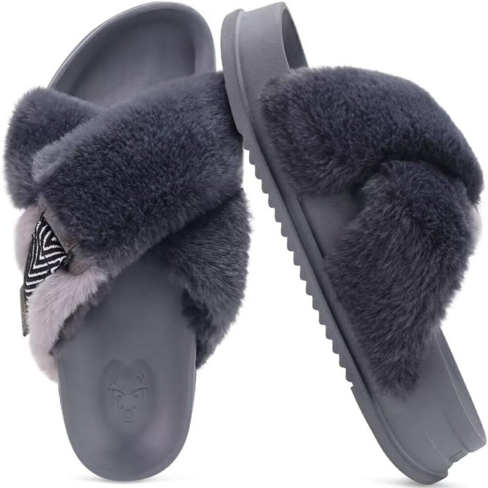 Women's Gray Fuzzy Faux Rabbit Furry Fur Cross Band Arch Open Slippers Shoes